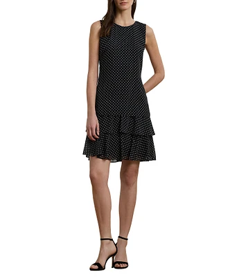 Lauren Ralph Lauren Crinkle Georgette Polka Dot Print Crew Neck Sleeveless Shift Mini Dress