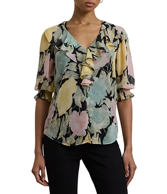 Lauren Ralph Lauren Floral Crinkle Georgette V-Neck Ruffle Trim Blouse
