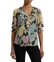 Lauren Ralph Lauren Floral Crinkle Georgette V-Neck Ruffle Trim Blouse