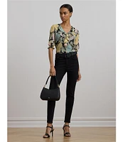 Lauren Ralph Lauren Floral Crinkle Georgette V-Neck Ruffle Trim Blouse