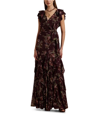 Lauren Ralph Lauren Darbilne Floral Crinkle Georgette V-Neck Flutter Sleeve Tie Waist Ruffle Gown