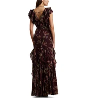 Lauren Ralph Lauren Darbilne Floral Crinkle Georgette V-Neck Flutter Sleeve Tie Waist Ruffle Gown