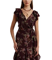 Lauren Ralph Lauren Darbilne Floral Crinkle Georgette V-Neck Flutter Sleeve Tie Waist Ruffle Gown