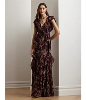 Lauren Ralph Lauren Darbilne Floral Crinkle Georgette V-Neck Flutter Sleeve Tie Waist Ruffle Gown