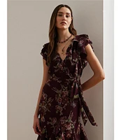 Lauren Ralph Lauren Darbilne Floral Crinkle Georgette V-Neck Flutter Sleeve Tie Waist Ruffle Gown