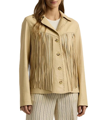 Lauren Ralph Lauren Button Front Fringe Lambskin Leather Jacket