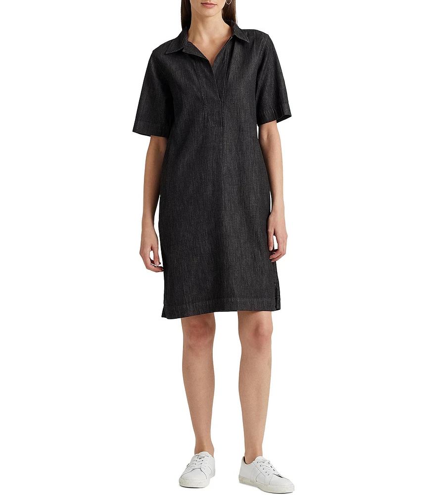 Lauren Ralph Lauren Denim Shift Johnny Collar Short Sleeve Shirt Dress