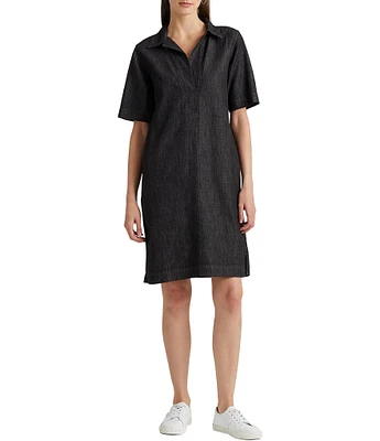 Lauren Ralph Lauren Denim Shift Johnny Collar Short Sleeve Shirt Dress