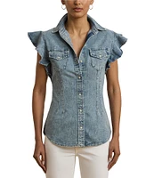 Lauren Ralph Lauren Denim Spread Collar Flutter Sleeve Button Front Shirt