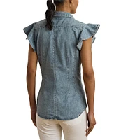 Lauren Ralph Lauren Denim Spread Collar Flutter Sleeve Button Front Shirt