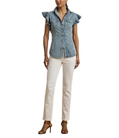 Lauren Ralph Lauren Denim Spread Collar Flutter Sleeve Button Front Shirt