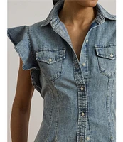 Lauren Ralph Lauren Denim Spread Collar Flutter Sleeve Button Front Shirt