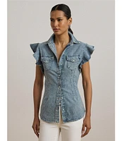Lauren Ralph Lauren Denim Spread Collar Flutter Sleeve Button Front Shirt