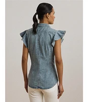 Lauren Ralph Lauren Denim Spread Collar Flutter Sleeve Button Front Shirt
