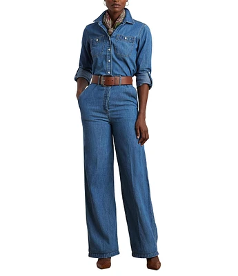 Lauren Ralph Lauren Denim Spread Collar Long Sleeves Button Front Wide Leg Jumpsuit