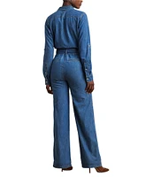 Lauren Ralph Lauren Denim Spread Collar Long Sleeves Button Front Wide Leg Jumpsuit
