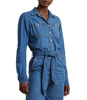 Lauren Ralph Lauren Denim Spread Collar Long Sleeves Button Front Wide Leg Jumpsuit