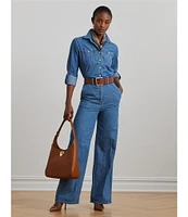 Lauren Ralph Lauren Denim Spread Collar Long Sleeves Button Front Wide Leg Jumpsuit