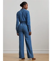 Lauren Ralph Lauren Denim Spread Collar Long Sleeves Button Front Wide Leg Jumpsuit