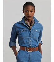 Lauren Ralph Lauren Denim Spread Collar Long Sleeves Button Front Wide Leg Jumpsuit
