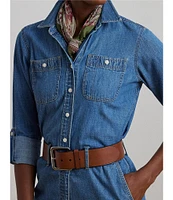 Lauren Ralph Lauren Denim Spread Collar Long Sleeves Button Front Wide Leg Jumpsuit