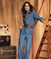 Lauren Ralph Lauren Denim Spread Collar Long Sleeves Button Front Wide Leg Jumpsuit