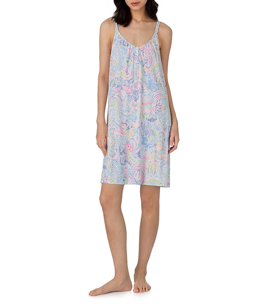 Lauren Ralph Lauren Paisley Double Strap Button Scoop V-Neck Knit Chemise