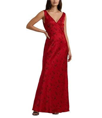 Lauren Ralph Lauren Drape Back Floral Print Satin A Line Gown