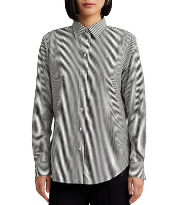 Lauren Ralph Lauren Easy Care Striped Print Point Collar Shirttail Hem Long Sleeve Shirt