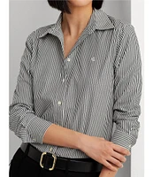 Lauren Ralph Lauren Easy Care Striped Print Point Collar Shirttail Hem Long Sleeve Shirt