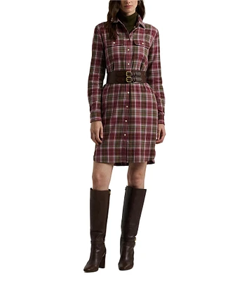 Lauren Ralph Lauren Checked Plaid Patch Pocket Belted Shirt Dress