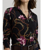 Lauren Ralph Lauren Equestrian-Inspired Floral Print Crepe Long Sleeve Button-Front Shirt