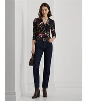 Lauren Ralph Lauren Equestrian-Inspired Floral Print Crepe Long Sleeve Button-Front Shirt