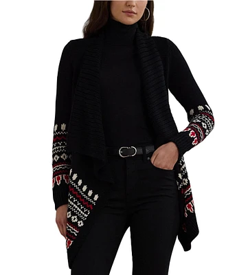 Lauren Ralph Lauren Fair Isle Knit Cascade Shawl Collar Long Sleeve Open Front Cardigan