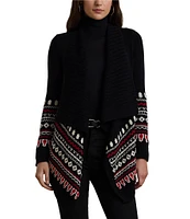 Lauren Ralph Lauren Fair Isle Knit Cascade Shawl Collar Long Sleeve Open Front Cardigan