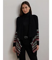 Lauren Ralph Lauren Fair Isle Knit Cascade Shawl Collar Long Sleeve Open Front Cardigan