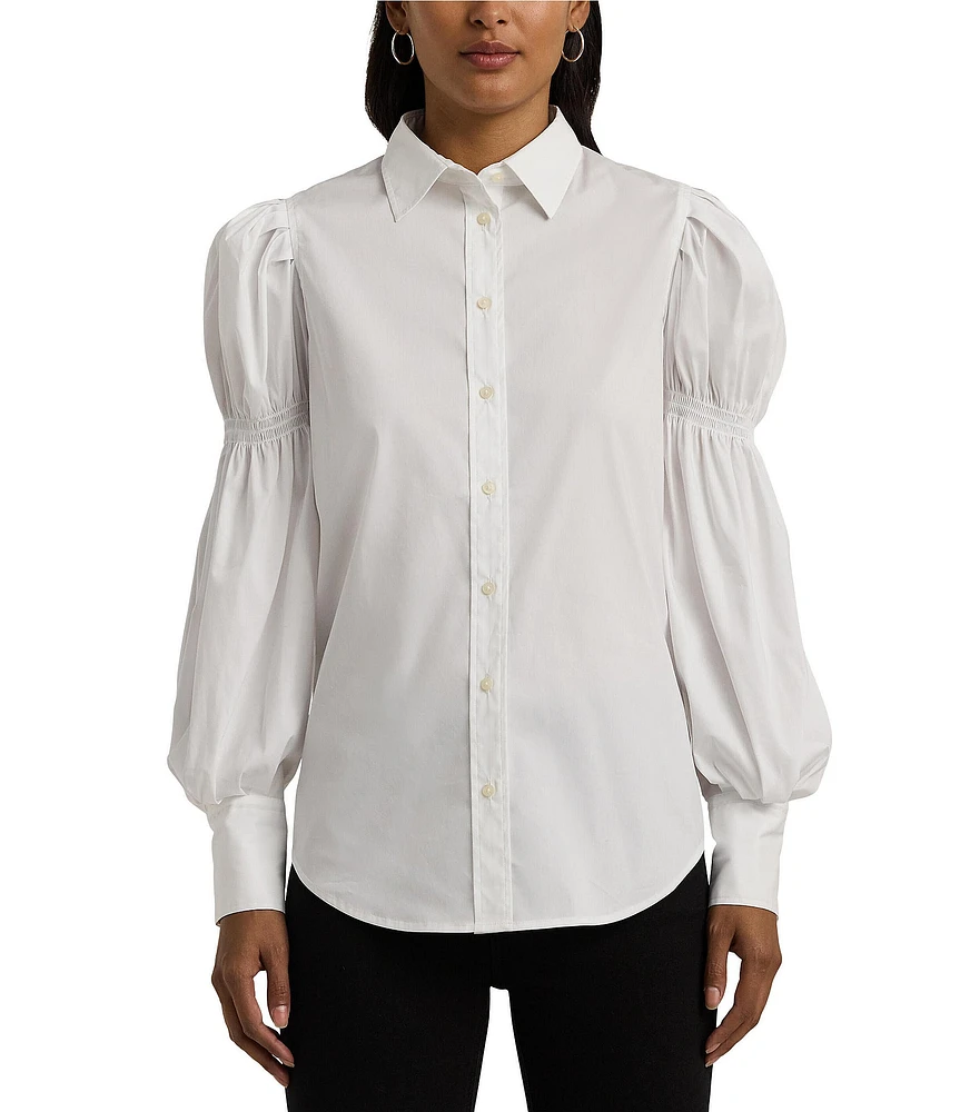 Lauren Ralph Lauren Romantic Smocked Blouson Long Sleeve Button Front Shirt