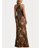 Lauren Ralph Lauren Floral Burnout Satin Pleated Halter Mock Neck Sleeveless Back Tie Gown