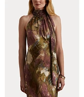 Lauren Ralph Lauren Floral Burnout Satin Pleated Halter Mock Neck Sleeveless Back Tie Gown