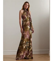 Lauren Ralph Lauren Floral Burnout Satin Pleated Halter Mock Neck Sleeveless Back Tie Gown