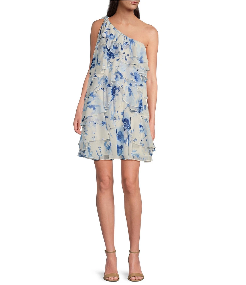 Lauren Ralph Lauren Floral Georgette Bow One Shoulder Sleeveless Ruffle Mini Dress