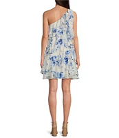 Lauren Ralph Lauren Floral Georgette Bow One Shoulder Sleeveless Ruffle Mini Dress