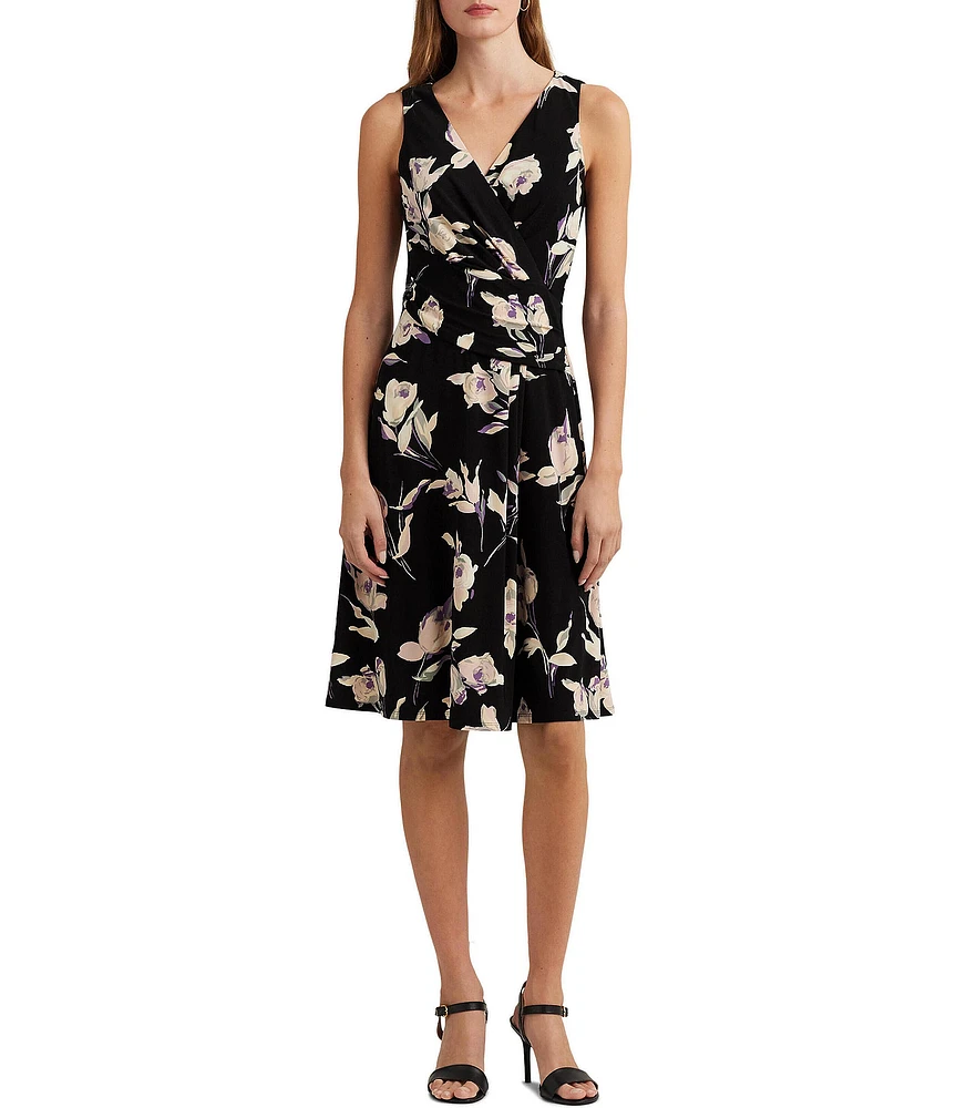 Lauren Ralph Lauren Floral Jersey Knit Surplice V-Neck Sleeveless Dress