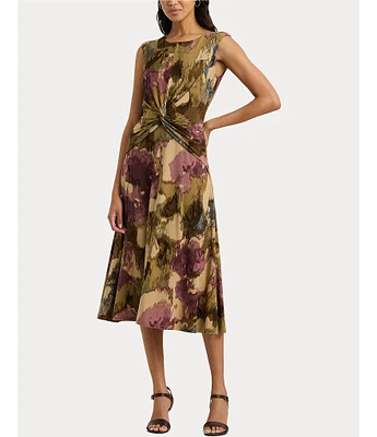 Lauren Ralph Lauren Floral Jersey Round Neck Cap Sleeve Twist Front Midi Dress