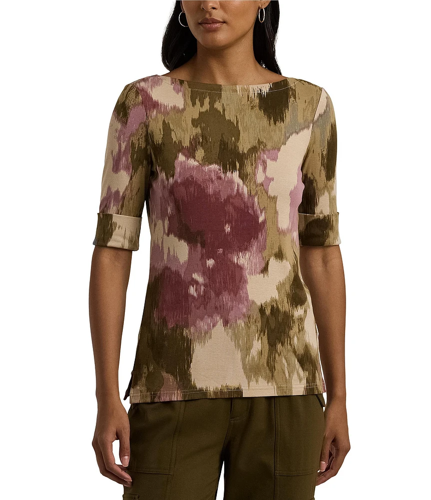 Lauren Ralph Lauren Floral Boat Neck Elbow Sleeve Tee