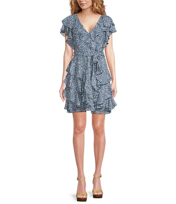 Lauren Ralph Lauren Floral Metallic Chiffon V-Neck Short Flutter Sleeve Ruffle Mini Dress