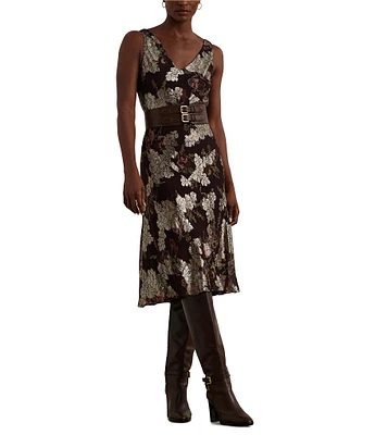 Lauren Ralph Lauren Floral Metallic Jacquard V-Neck Sleeveless Dress