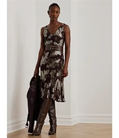 Lauren Ralph Lauren Floral Metallic Jacquard V-Neck Sleeveless Dress