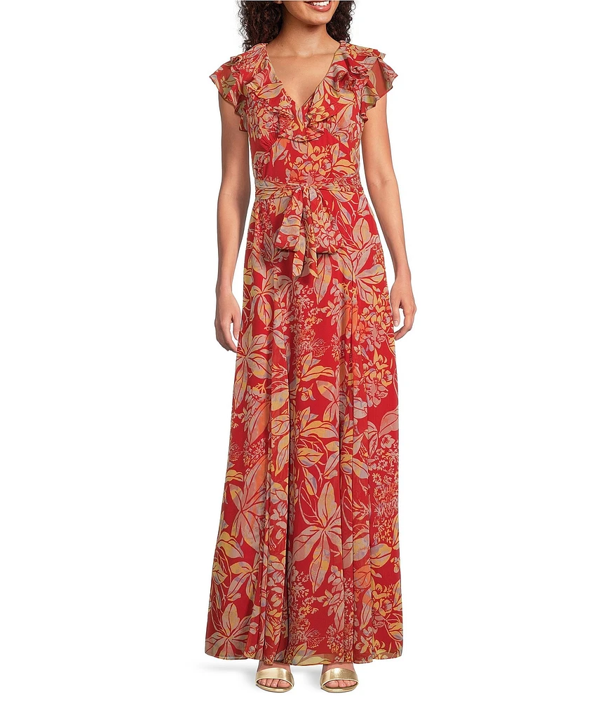 Lauren Ralph Lauren Floral Print Crinkle Georgette V-Neck Ruffle Trim A-Line Maxi Dress