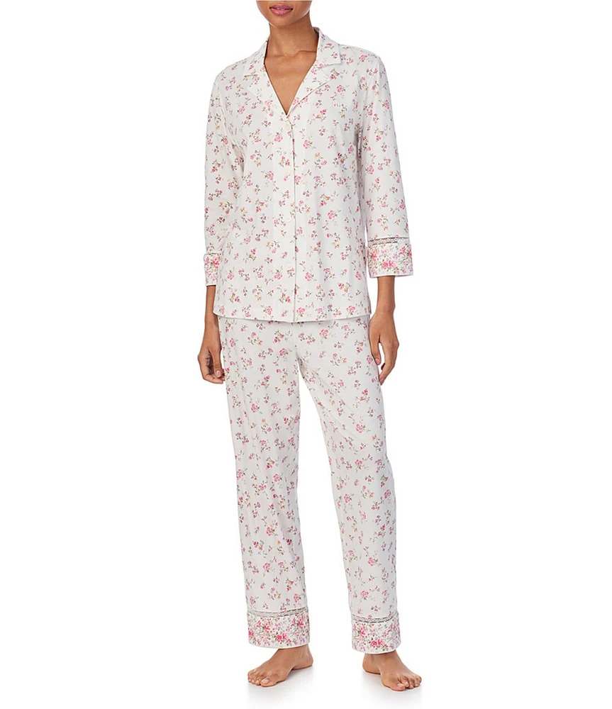 Lauren Ralph Lauren Floral Print 3/4 Sleeve Notch Collar Knit Pajama Set